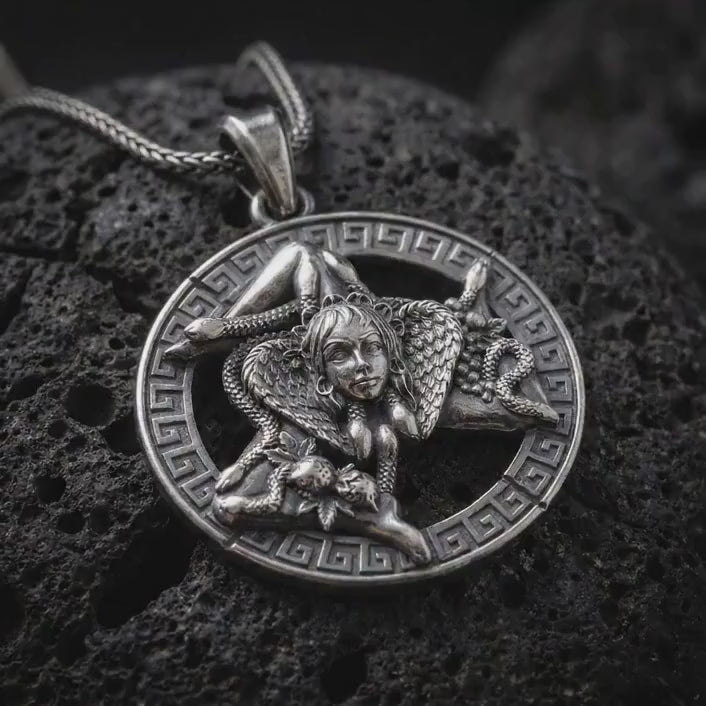 Trinacria Pendant, Sterling Silver Sicilian Triskelion Necklace, Medusa Medallion, Sicily Jewelry