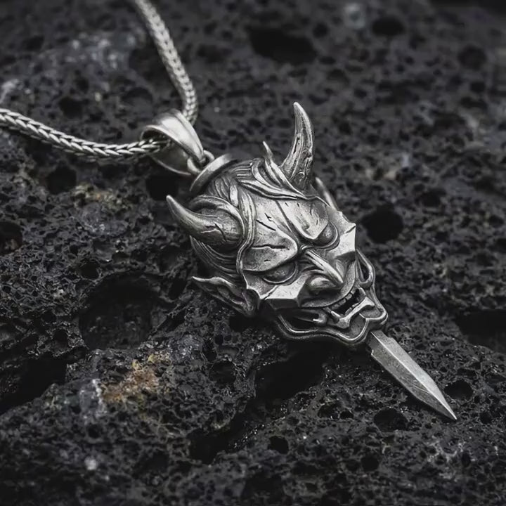 Sterling Silver Oni Mask Pendant Necklace, Japanese Demon Samurai Warrior Amulet