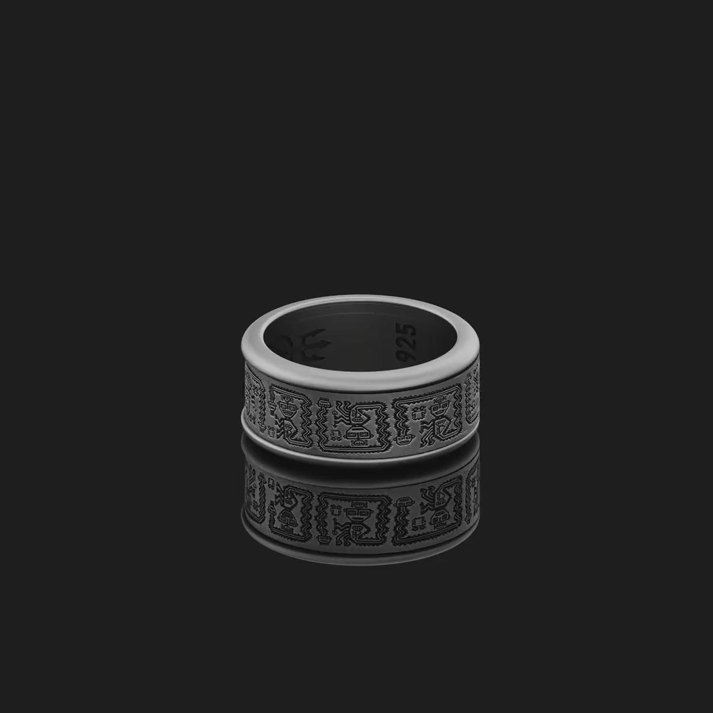 Rotating Aztec Pattern Band Ring, Wedding Ring, Engraved Inside, Unique Customizable Design, Ancient Inspired