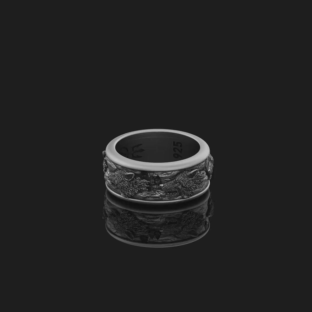 Spinning Wolf/Wolfpack Wedding Band Ring, Rotating Design, Engravable Inside, Symbol of Loyalty & Unity
