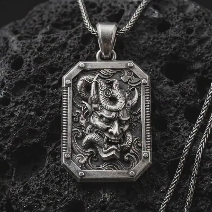 Hannya Mask Pendant Necklace, Sterling Silver Oni Demon Jewelry, Japanese Protection Amulet Gift for Men
