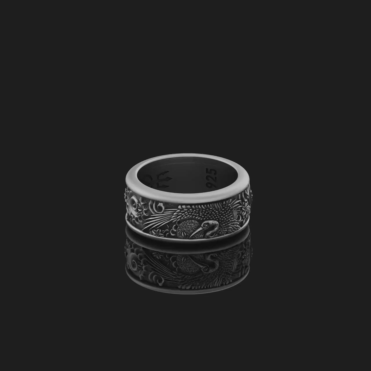 Rotating Crane Wedding Band Ring, Engravable Inside, Elegant Bird Design, Unique Symbol of Longevity