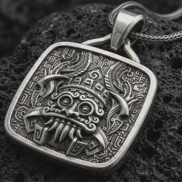 Tlaloc Pendant, Sterling Silver Aztec Rain God Necklace, Mexica Deity Jewelry, Mesoamerican Mythology Gift