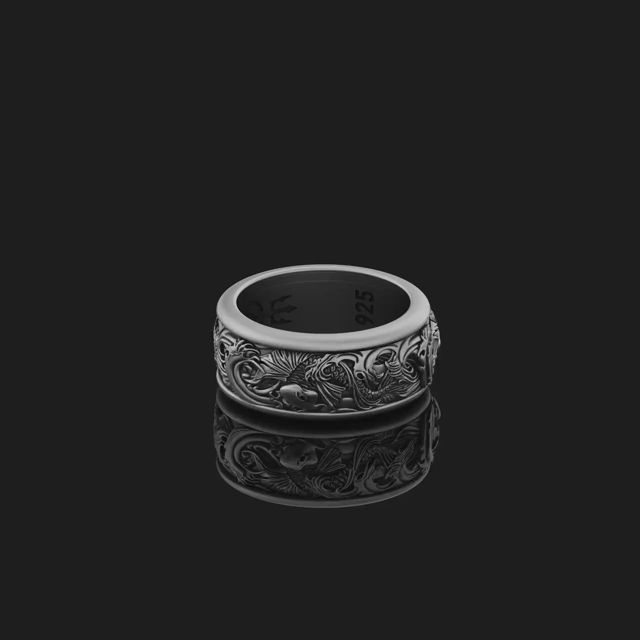 Spinning Carps & Waves Wedding Band, Sterling Silver, Engravable, Tri-Color Design, Unique Nautical Bridal Jewelry
