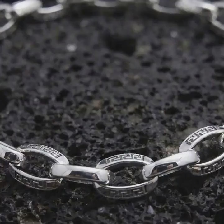 Greek Key Bracelet for Men, Sterling Silver Circular Meander Link Chain, Ancient Greek Jewelry Gift