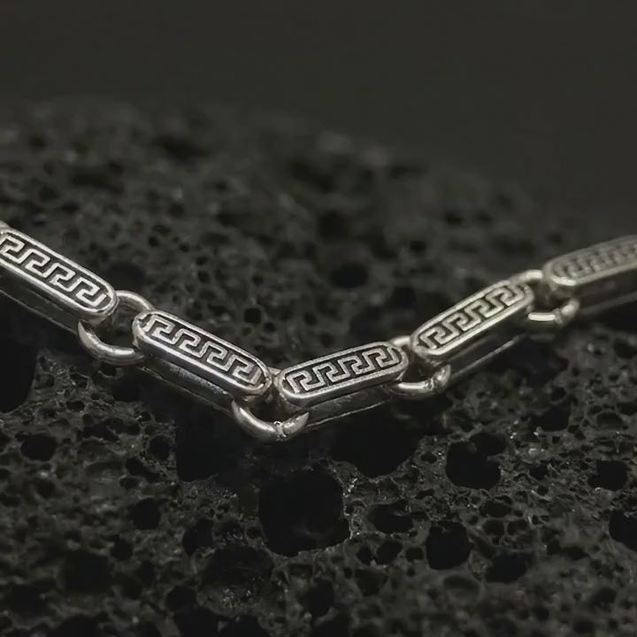 Sterling Silver Greek Key Chain Necklace, Meander Pattern Link Chain, Ancient Greek Mens Jewelry