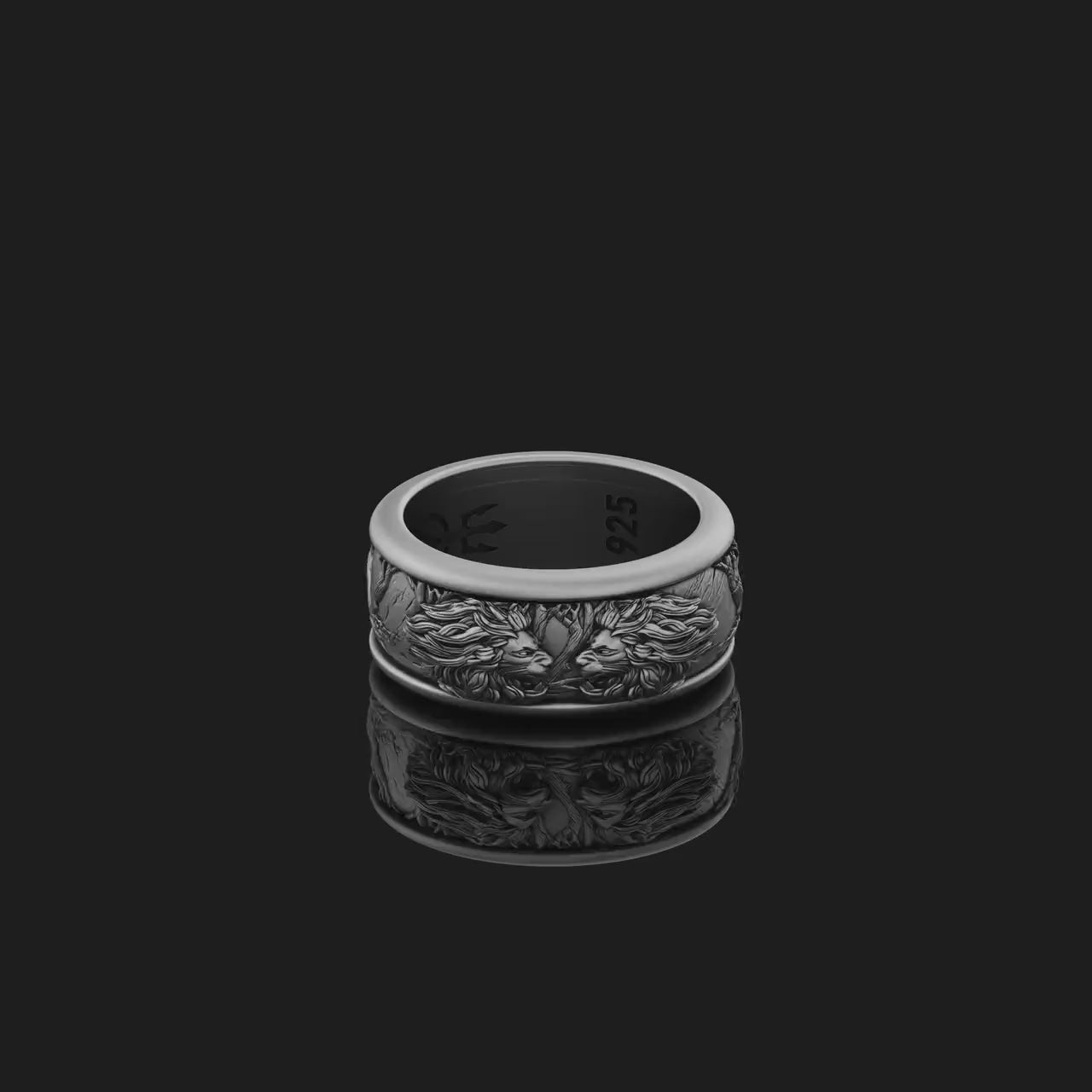 Rotating Wedding Band Ring, Two Lions Roaring Design, Engravable Inside, Unique Symbol of Strength