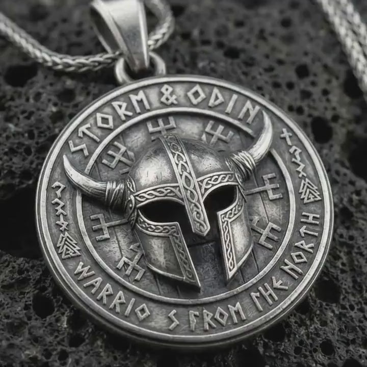 Viking Helmet Pendant, Sterling Silver Odin Necklace, Norse Rune Medallion, Warrior Jewelry for Men