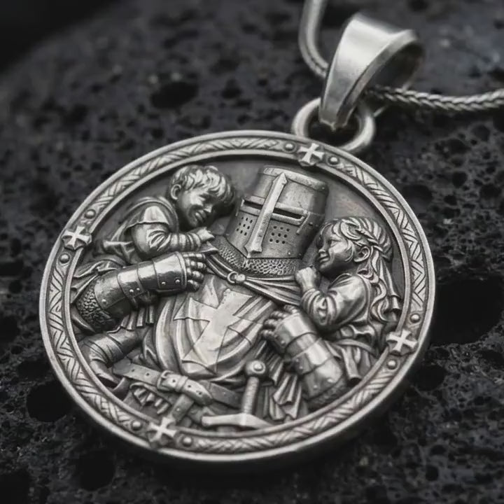 Templar Knight Protecting Children Pendant, Sterling Silver Medieval Guardian Necklace, Father's Day Gift