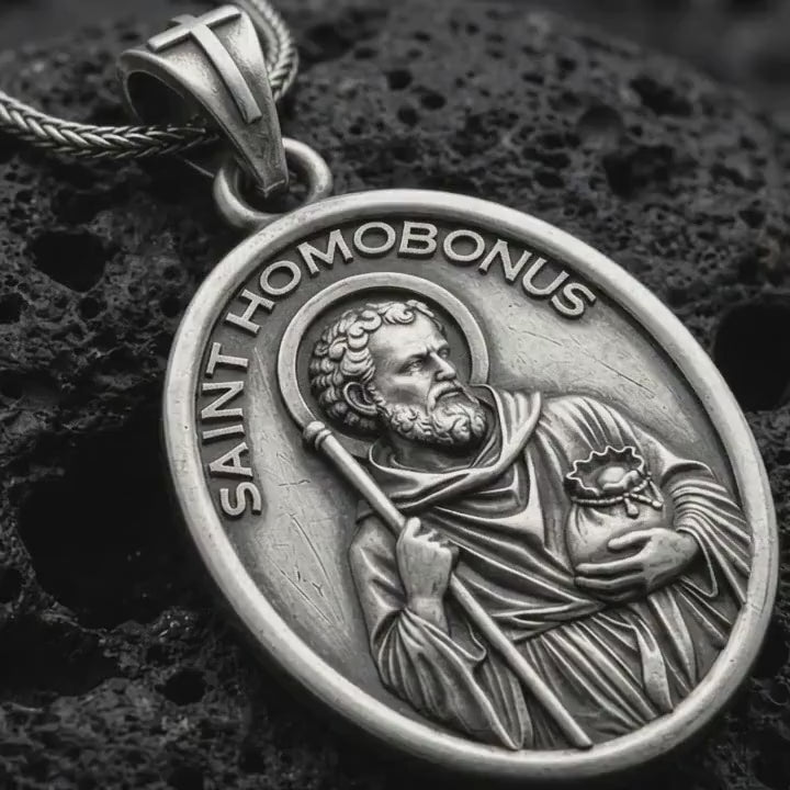 Saint Homobonus Medal Necklace, Sterling Silver Patron Saint of Business Owners, Catholic Merchant Pendant