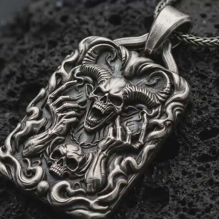 Horned Demon Skull Pendant, Sterling Silver Ram Horn Skull Necklace, Gothic Occult Jewelry for Men