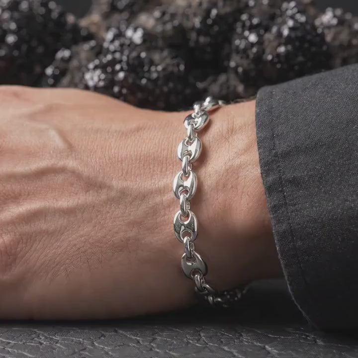 11mm Sterling Silver Mariner Chain Bracelet, Men's Puffed Anchor Link Bracelet, Bold Nautical Jewelry Gift