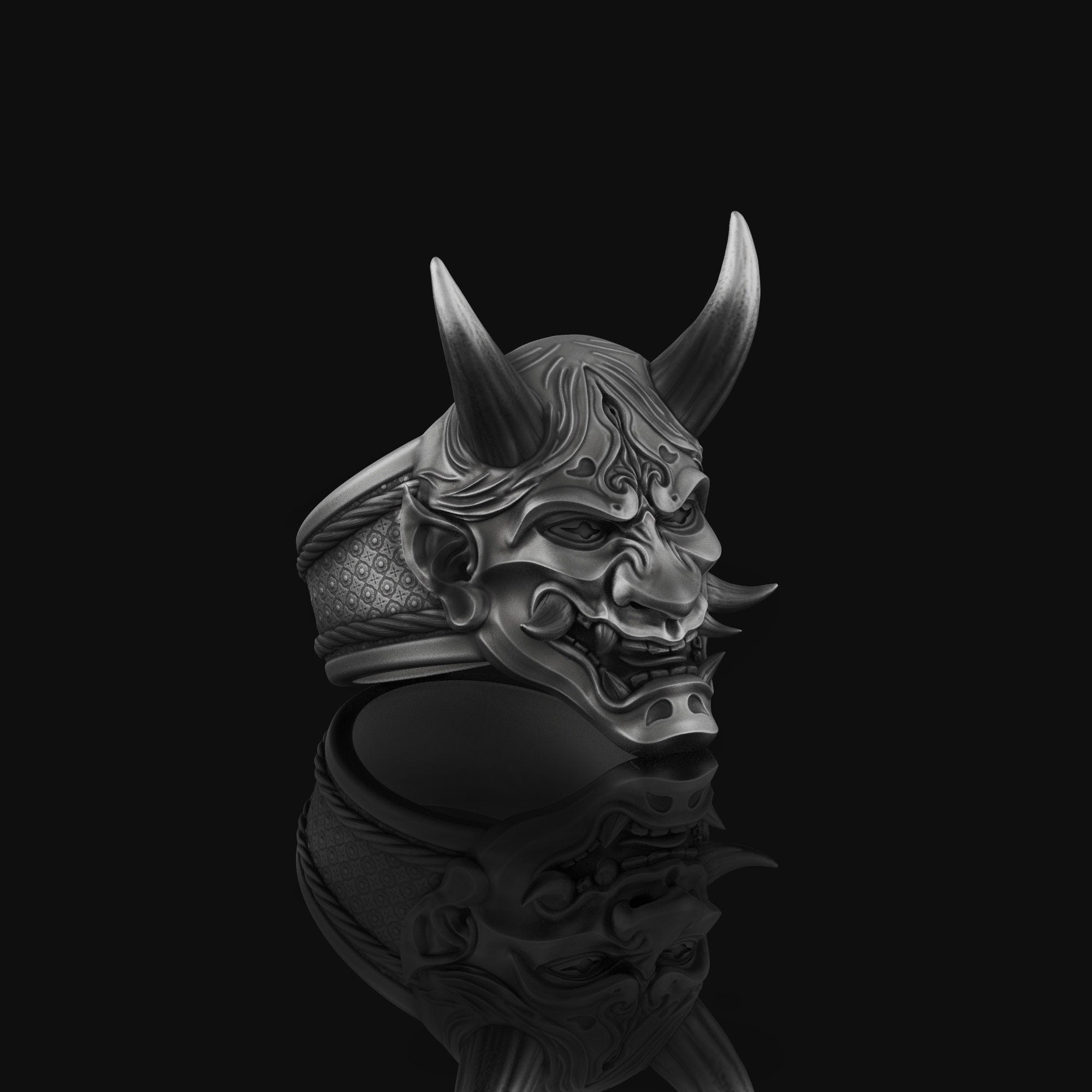 Oni Mask Ring Oxidized Finish