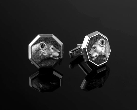 Silver Lioness Cufflink, White