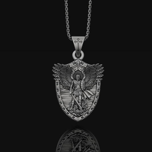 St Michael Archangel Shield Necklace Oxidized Finish