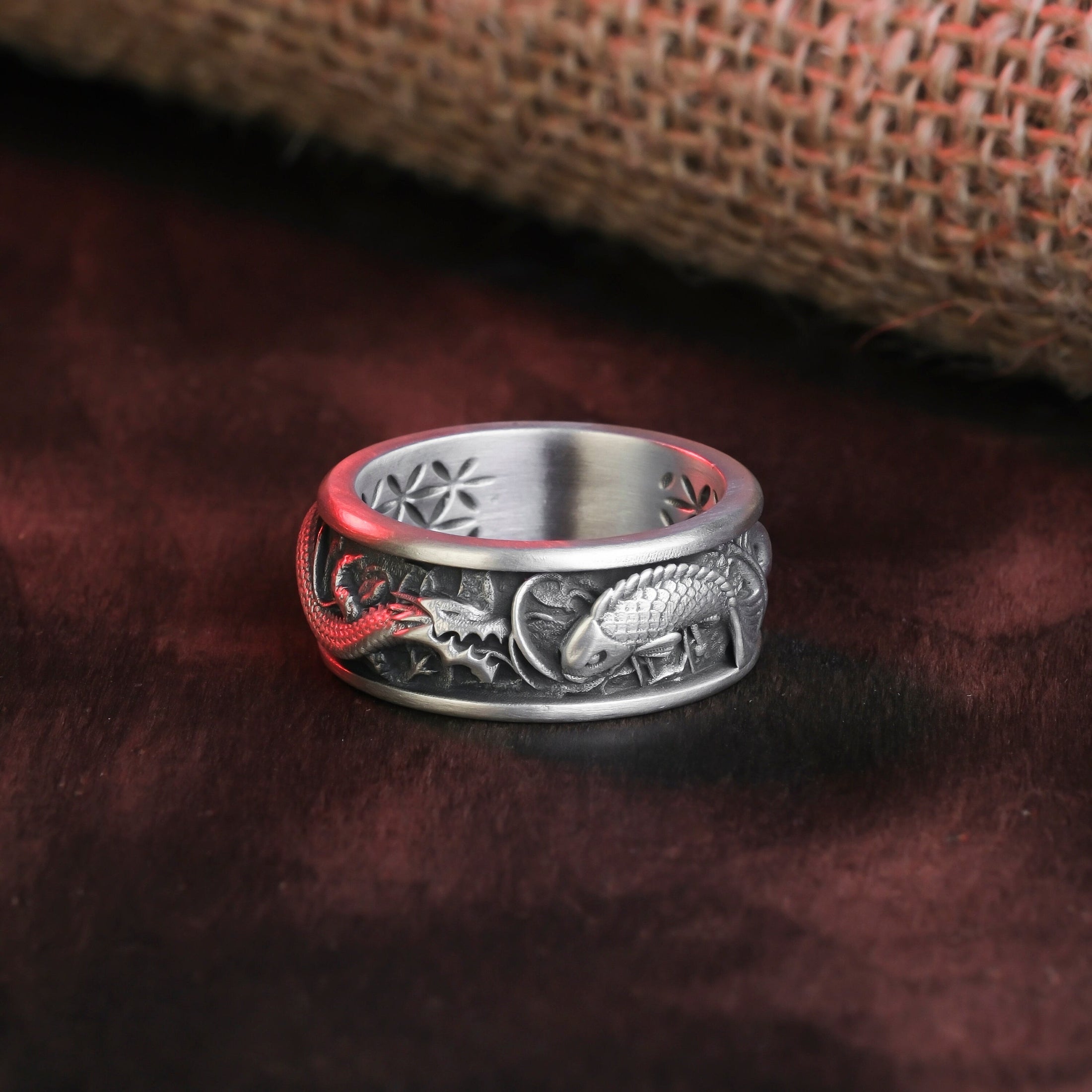 Koi Fish & Dragon Band Oxidized Finish