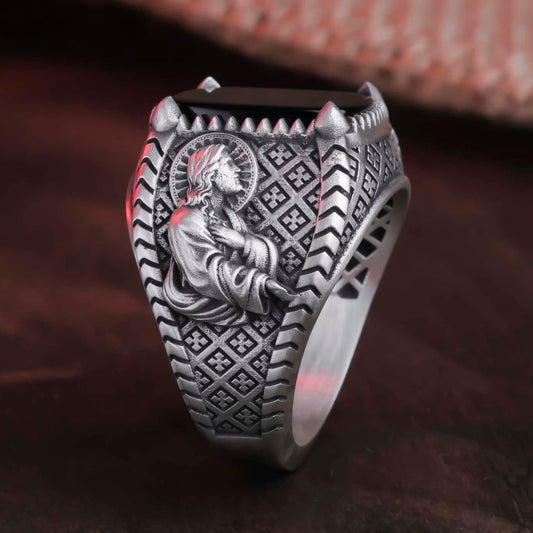 Jesus Symbol Ring, Faith Statement Piece, Spiritual Keepsake, Onyx Embellished Band, Lapis Lazuli, Devotional Accessory