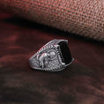 Bild in Galerie-Betrachter laden, Jesus Symbol Ring, Faith Statement Piece, Spiritual Keepsake, Onyx Embellished Band, Lapis Lazuli, Devotional Accessory
