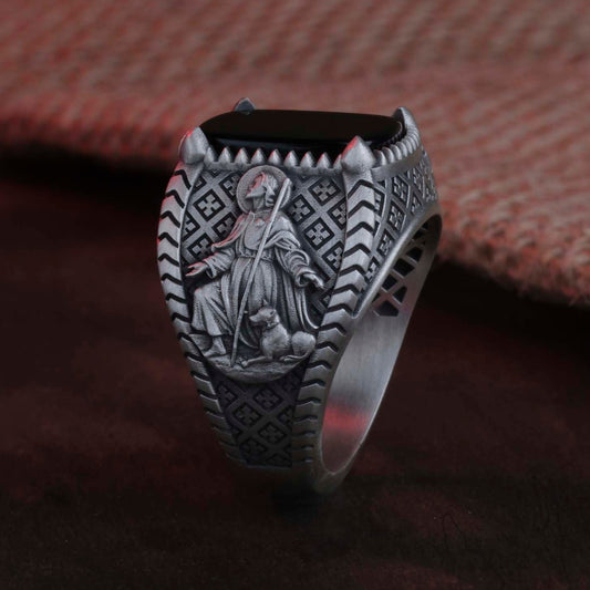 Shepherd Jesus, Divine Gem, Christian Ring, Religious Gift, Holy Emblem, Faith Ring, Onyx Ring, Lapis Ring, Tiger Eye, Garnet Setting