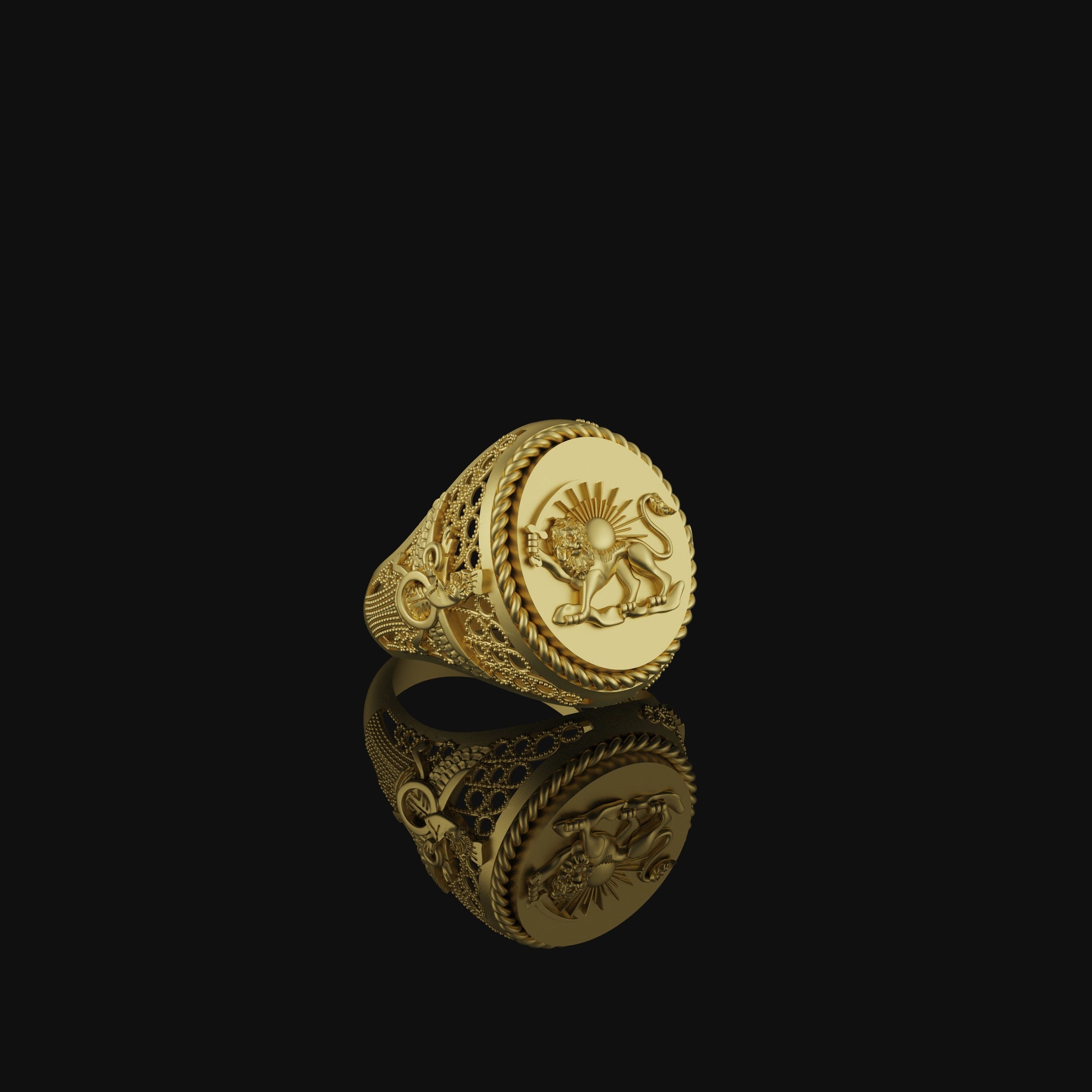 Lion Sun Ring, Farvahar Ring, Persian Symbol Ring, Heritage Gift, Zoroastrianism Jewelry, Persian Lion Ring, Silver Farvahar Gold Finish