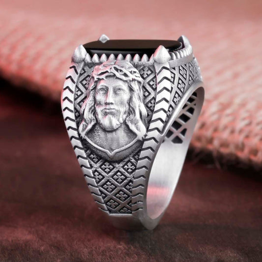 Thorny Jesus Ring, Crown of Thorns, Cushion Gemstone, Christian Jewelry, Red Garnet Ring, Onyx Christian Ring, Lapis Lazuli Band