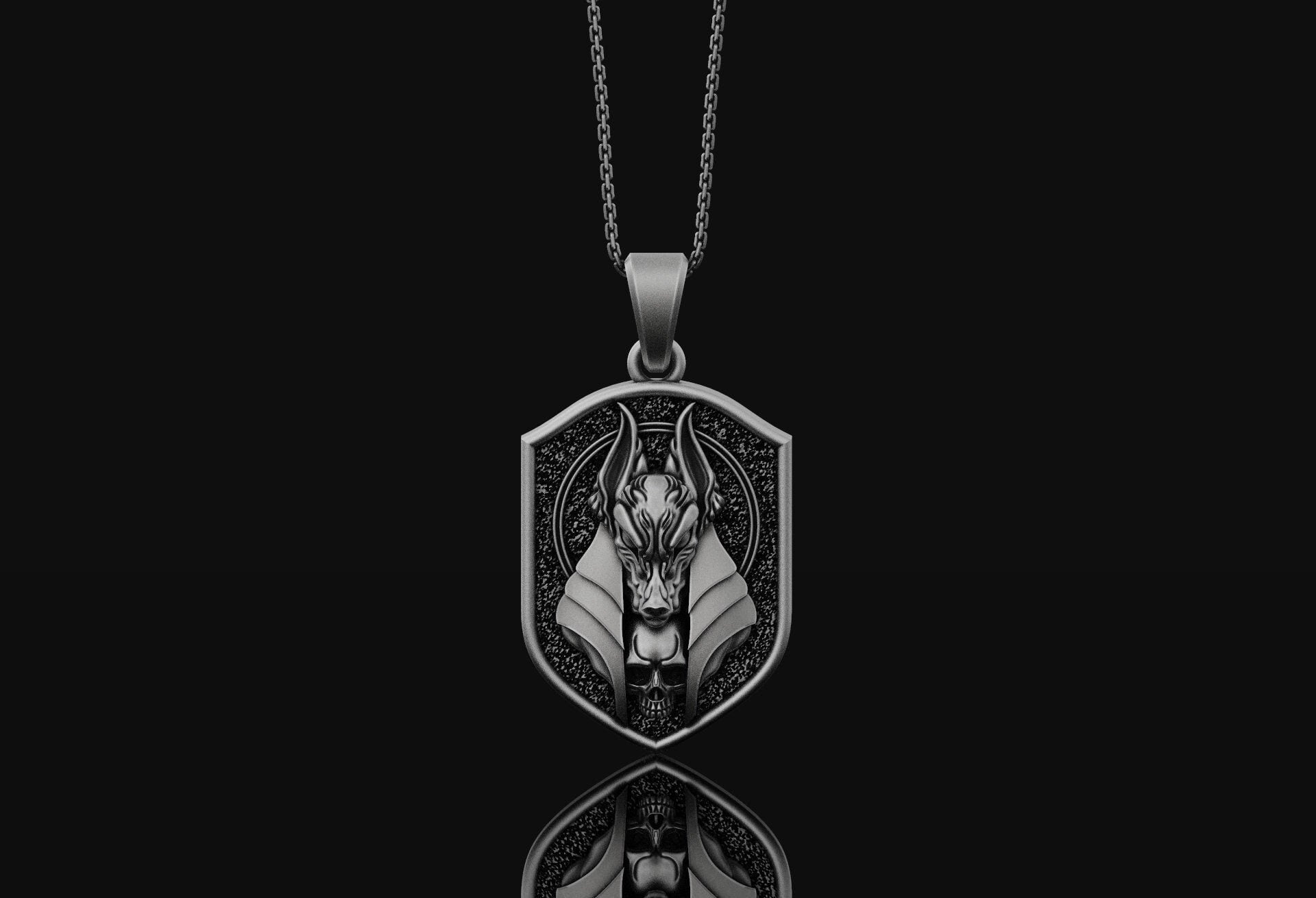 Anubis And Skull Pendant Necklace For Men In Silver Necklace Oxidized Finish