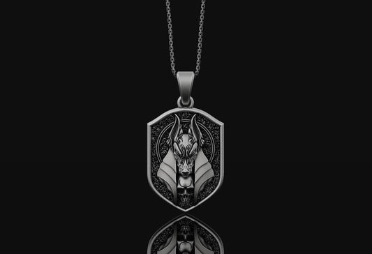 Anubis And Skull Pendant Necklace For Men In Silver Necklace Oxidized Finish