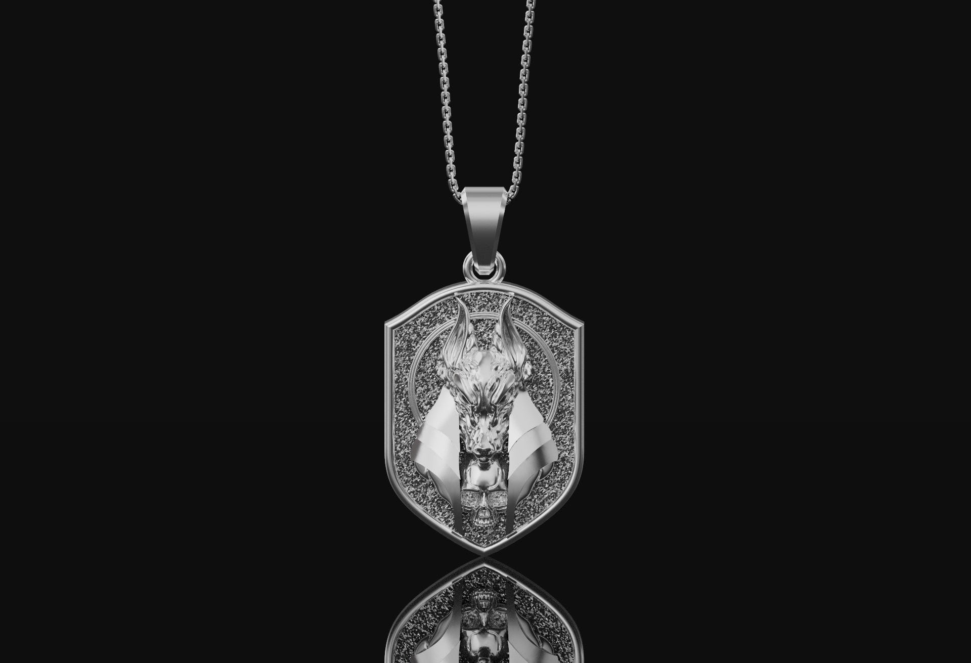 Anubis And Skull Pendant Necklace For Men In Silver Necklace Polished Finish