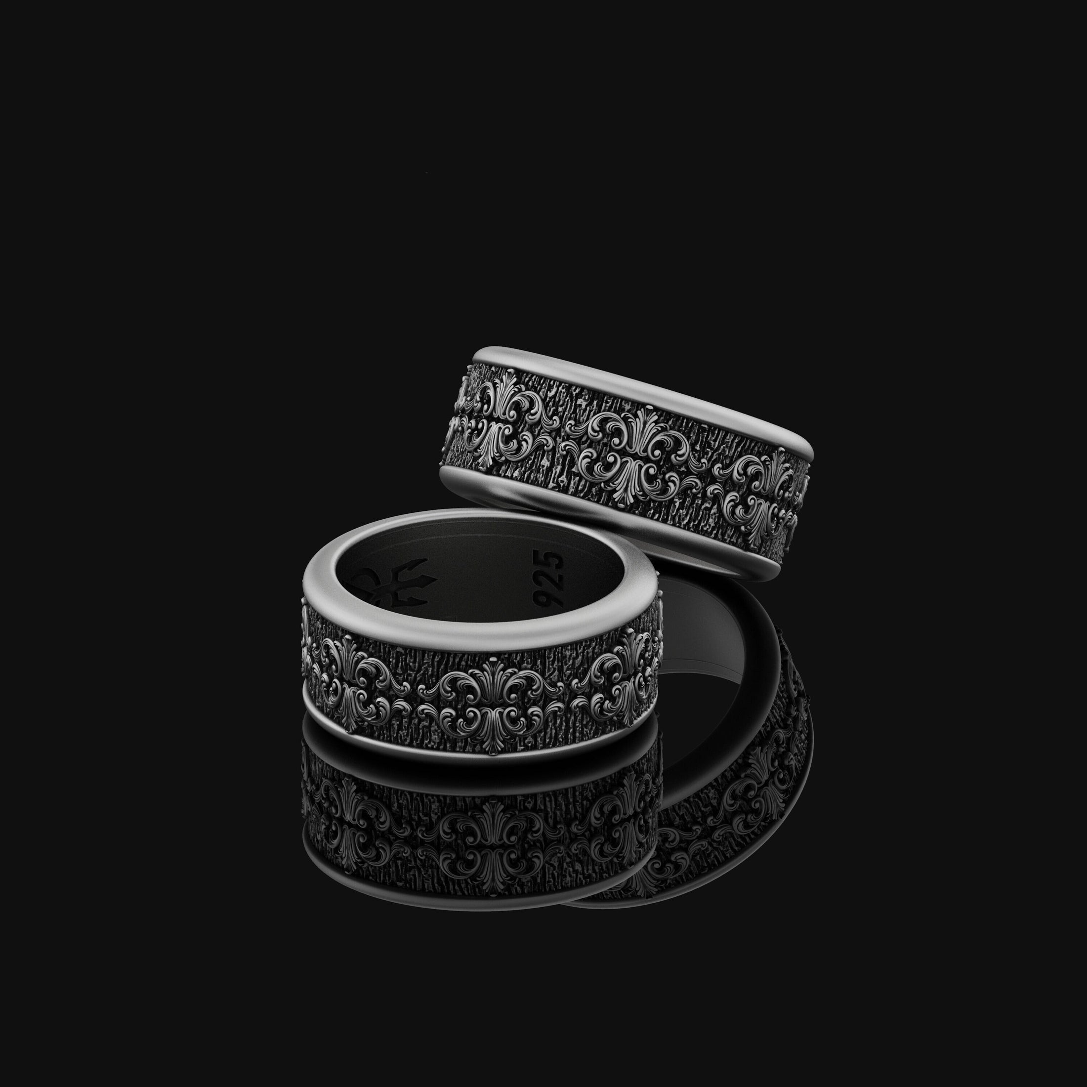 Floral Victorian Style Rotating Wedding Band Ring Oxidized Finish