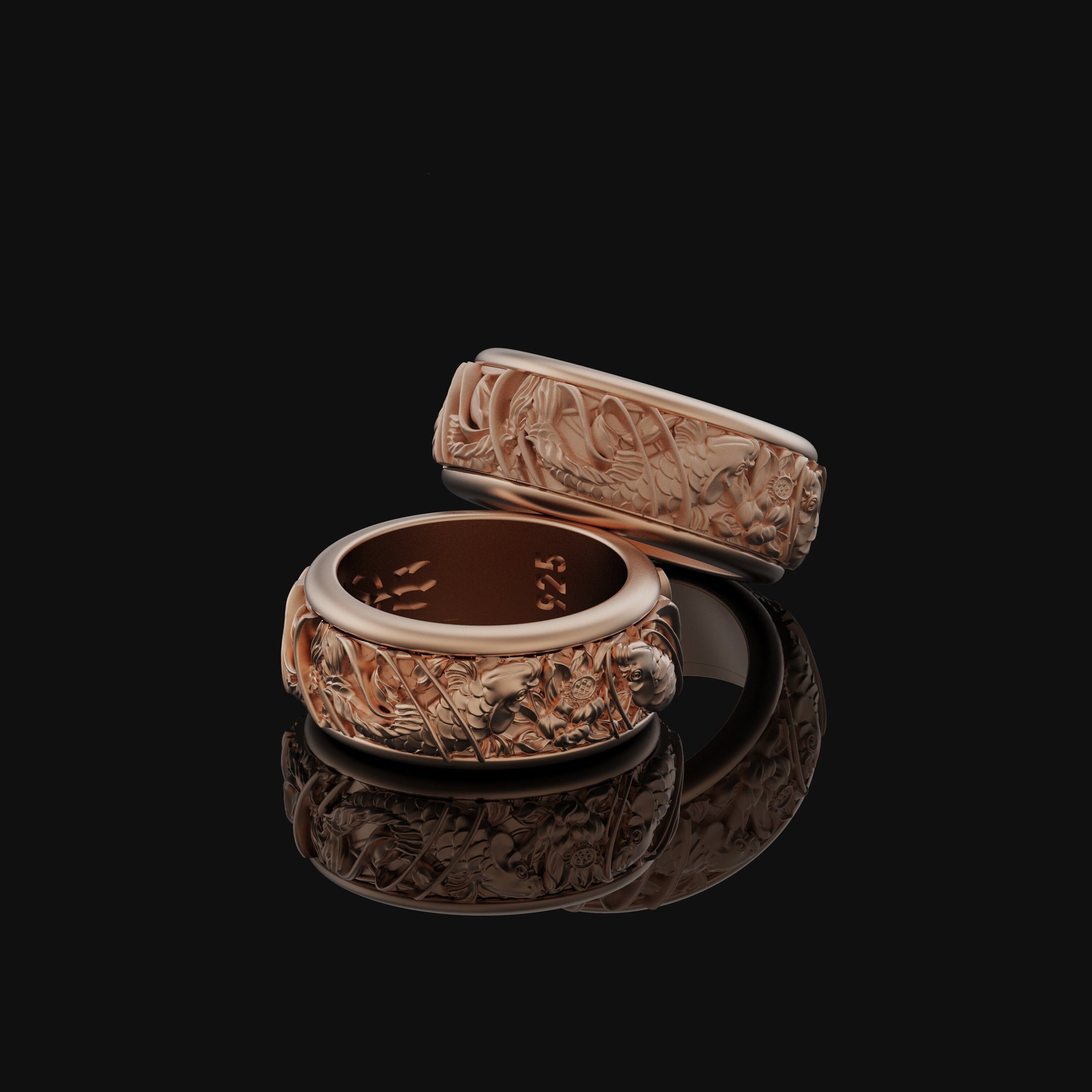 Rotating Koi Fish Band Ring Rose Gold Finish