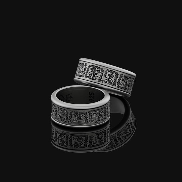 Rotating Aztec Pattern Band Ring, Wedding Ring, Engraved Inside, Unique Customizable Design, Ancient Inspired Oxidized Finish