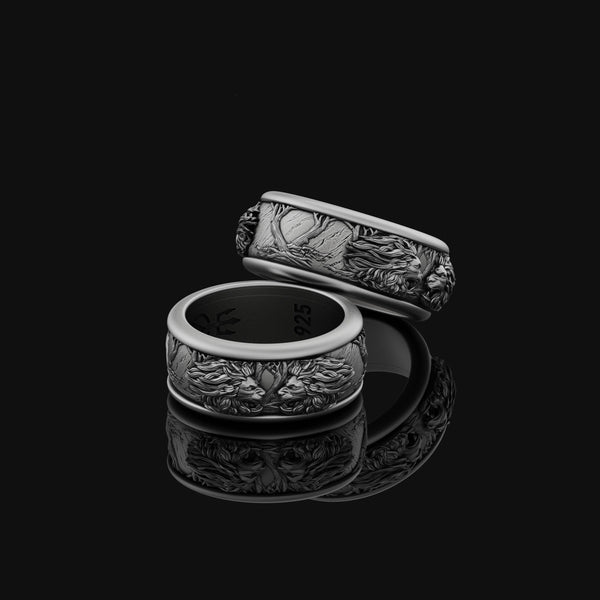 Rotating Wedding Band Ring, Two Lions Roaring Design, Engravable Inside, Unique Symbol of Strength Oxidized Finish