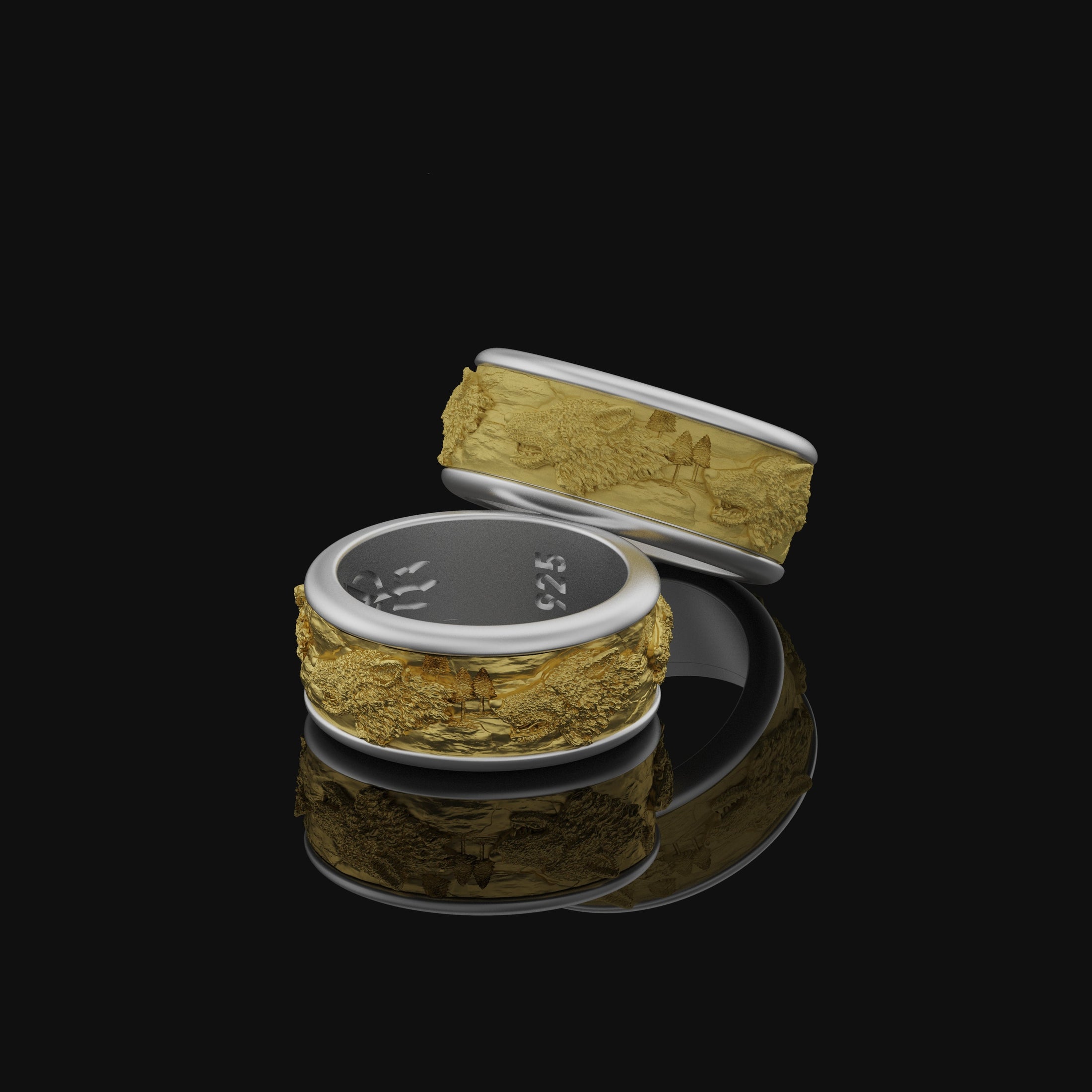 Spinning Wolf/Wolfpack Wedding Band Ring, Rotating Design, Engravable Inside, Symbol of Loyalty & Unity