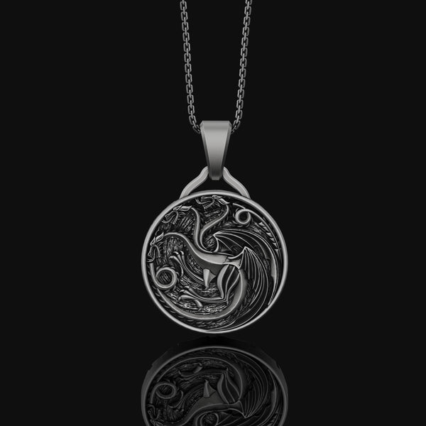Dragon Crest Pendant Necklace, Coat Of Arms, Crest Of Dragons, Fantasy Necklace, Medieval Knight Pendant, Dungeons And Dragons Oxidized Finish