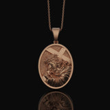Silver Jesus Necklace with Cross & Crown of Thorns, Religious Pendant, Christian Christmas Gift Rose Gold Finish