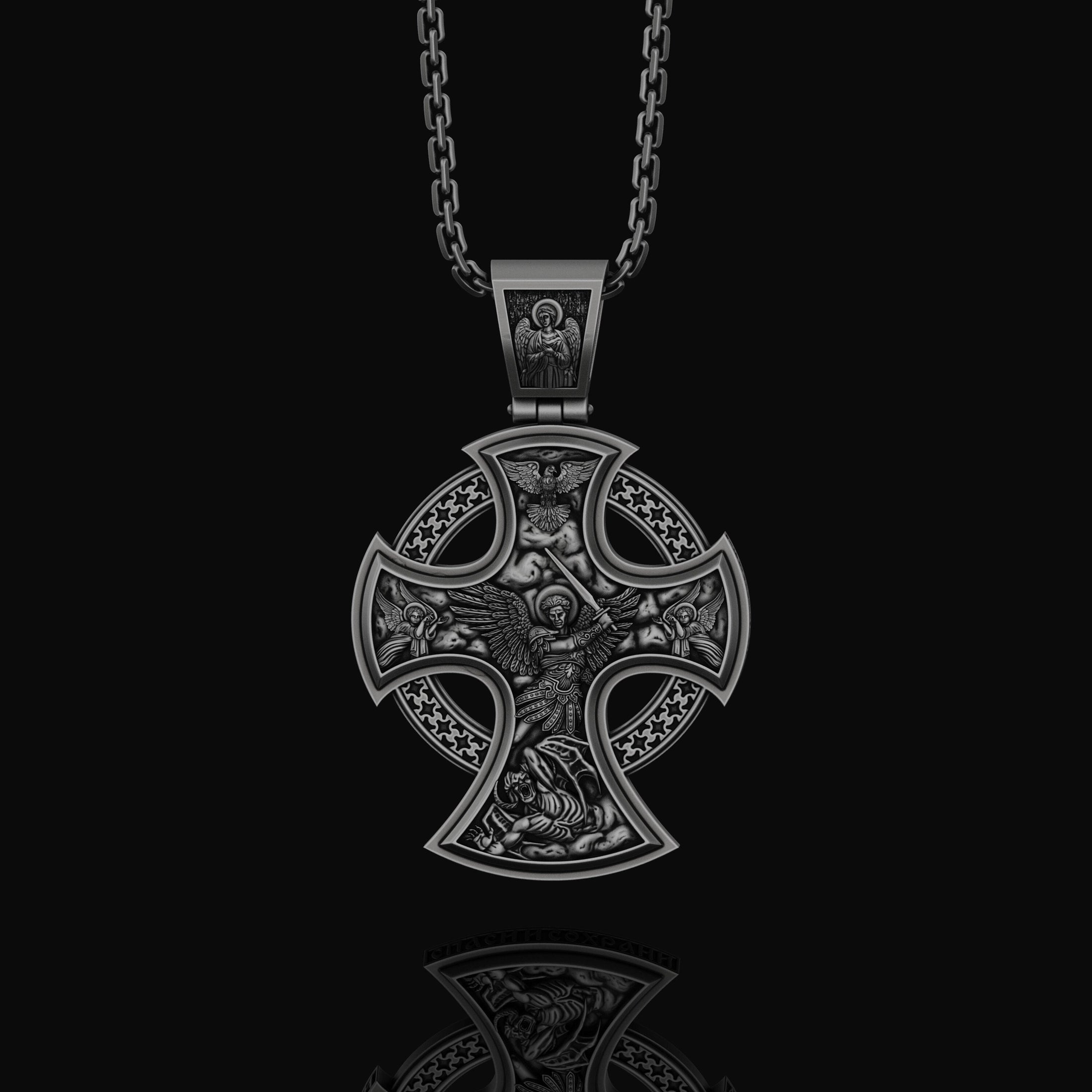 Two-Sided Cross Necklace: Saint Michael Front, Jesus Crucifix Back, Dual Faith Symbol, Christian Jewelry Oxidized Finish