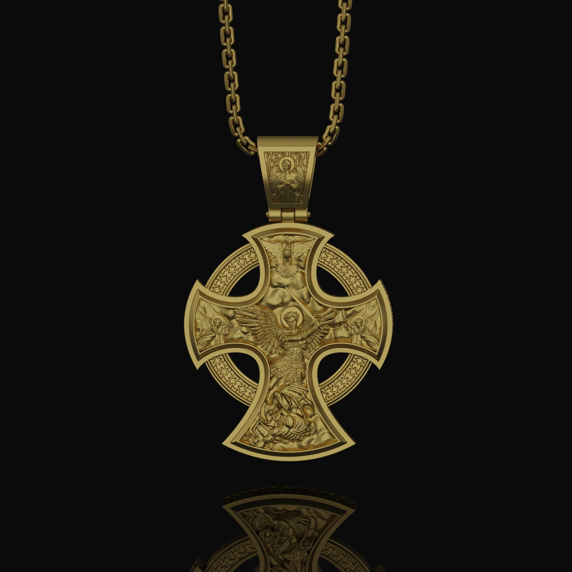 Two-Sided Cross Necklace: Saint Michael Front, Jesus Crucifix Back, Dual Faith Symbol, Christian Jewelry Gold Finish