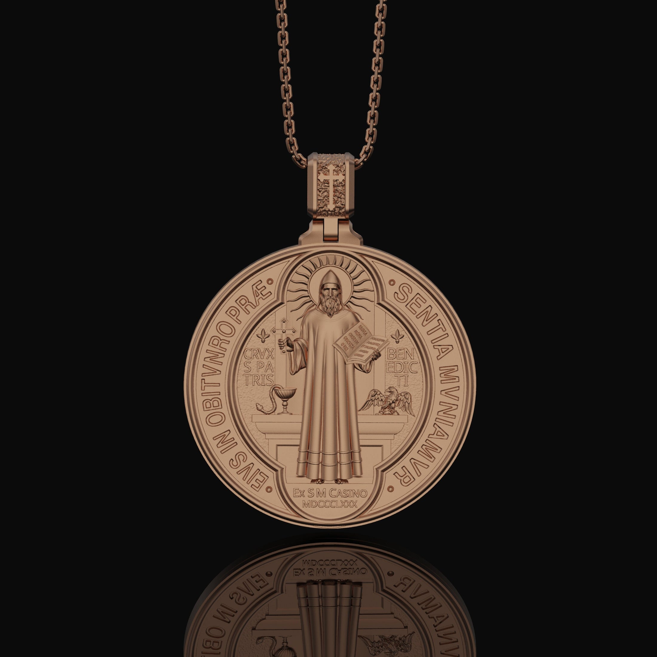 St. Benedict Medallion Necklace, Symbol of Protection & Faith, Sacred Christian Devotional Jewelry, Religious Pendant Rose Gold Finish