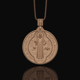 St. Benedict Medallion Necklace, Symbol of Protection & Faith, Sacred Christian Devotional Jewelry, Religious Pendant Rose Gold Finish
