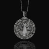 St. Benedict Medallion Necklace, Symbol of Protection & Faith, Sacred Christian Devotional Jewelry, Religious Pendant Oxidized Finish