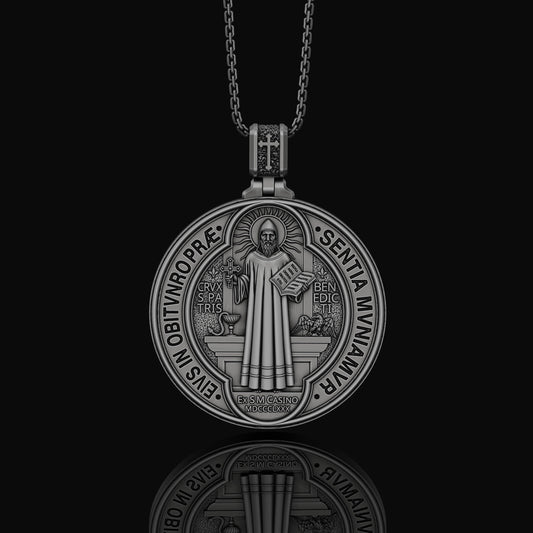 St. Benedict Medallion Necklace, Symbol of Protection & Faith, Sacred Christian Devotional Jewelry, Religious Pendant Oxidized Finish