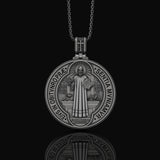 St. Benedict Medallion Necklace, Symbol of Protection & Faith, Sacred Christian Devotional Jewelry, Religious Pendant Oxidized Finish