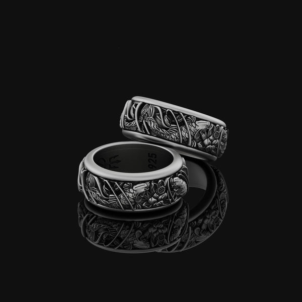 Rotating Koi Fish Band Ring, Japanese Inspired, Nature Aquarium Jewelry, Men's Engravable Band Oxidized Finish