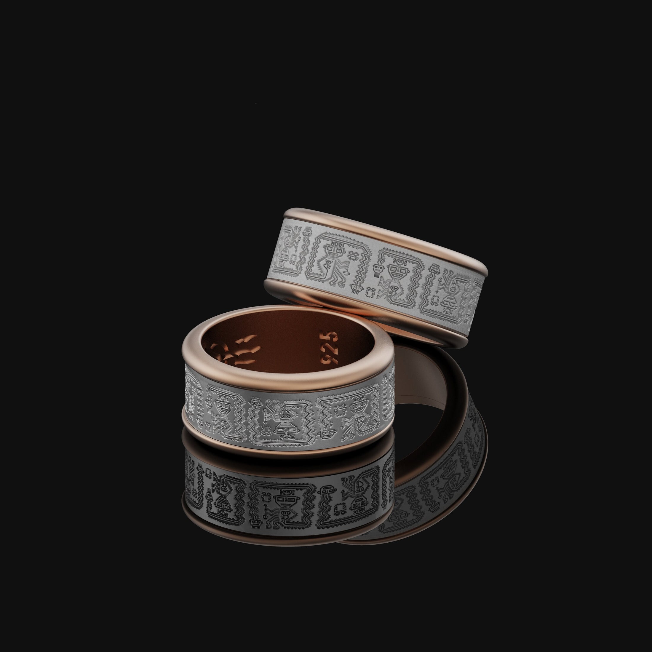 Rotating Aztec Pattern Band Ring, Wedding Ring, Engraved Inside, Unique Customizable Design, Ancient Inspired