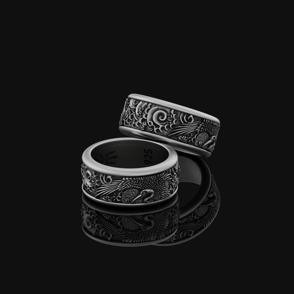 Rotating Crane Wedding Band Ring, Engravable Inside, Elegant Bird Design, Unique Symbol of Longevity Oxidized Finish