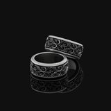 Rotating Floral Wedding Band Ring, Engravable Inside, Elegant Blossom Design, Unique Bridal Jewelry Oxidized Finish