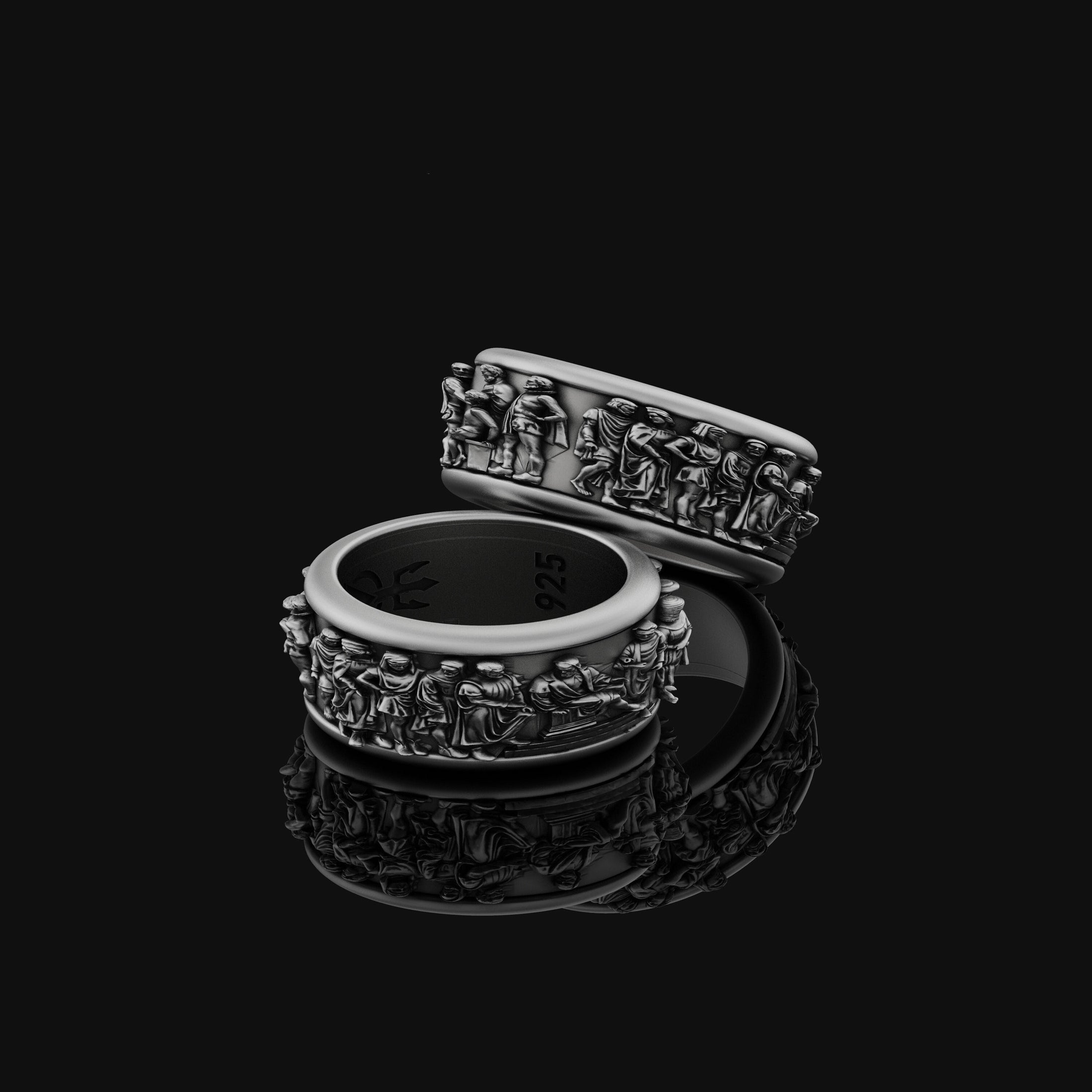 Spinning Ancient Greek Crowd Wedding Band, Engravable Inside, Symbol of History & Unity Oxidized Finish