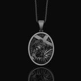Silver Jesus Necklace with Cross & Crown of Thorns, Religious Pendant, Christian Christmas Gift Oxidized Finish