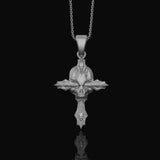 Silver Gothic Skull Cross Necklace, Wooden Texture Design, Unique Dark Aesthetic Jewelry Polished Finish