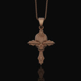 Silver Gothic Skull Cross Necklace, Wooden Texture Design, Unique Dark Aesthetic Jewelry Rose Gold Matte